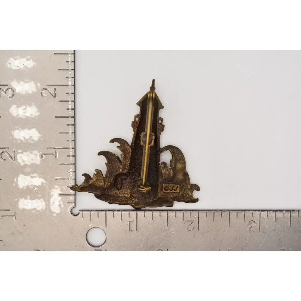 JJ Vintage Lighthouse Pin Brooch Glitter Beach Waves Bronze Signed 1980s BinAH